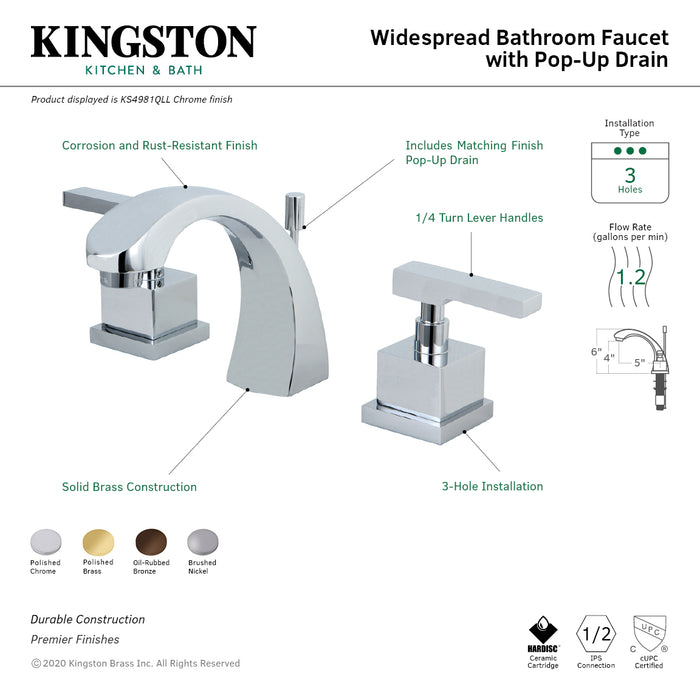 Kingston Sona KS4981QLL - Executive Two-Handle 3-Hole Deck Mount Widespread Bathroom Faucet with Brass Pop-Up, Polished Chrome