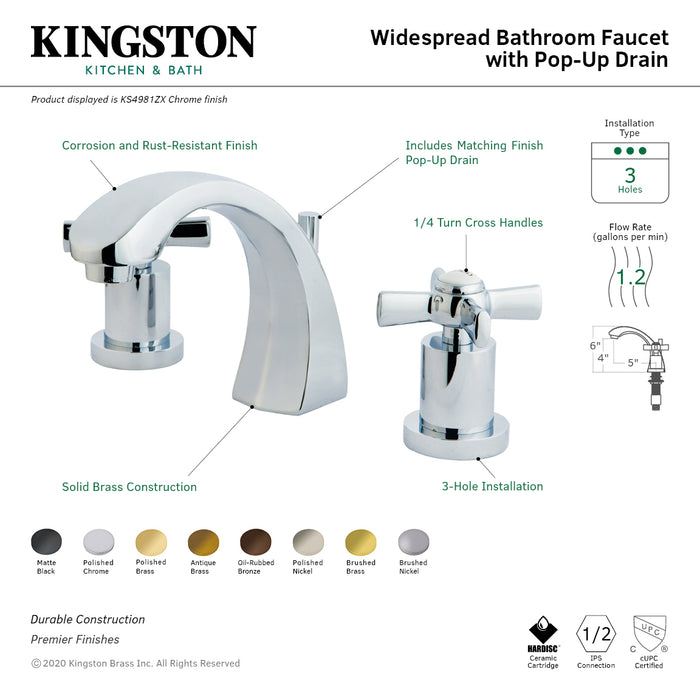 Kingston Tulare KS4981ZX - Millennium Two-Handle 3-Hole Deck Mount Widespread Bathroom Faucet with Brass Pop-Up, Polished Chrome