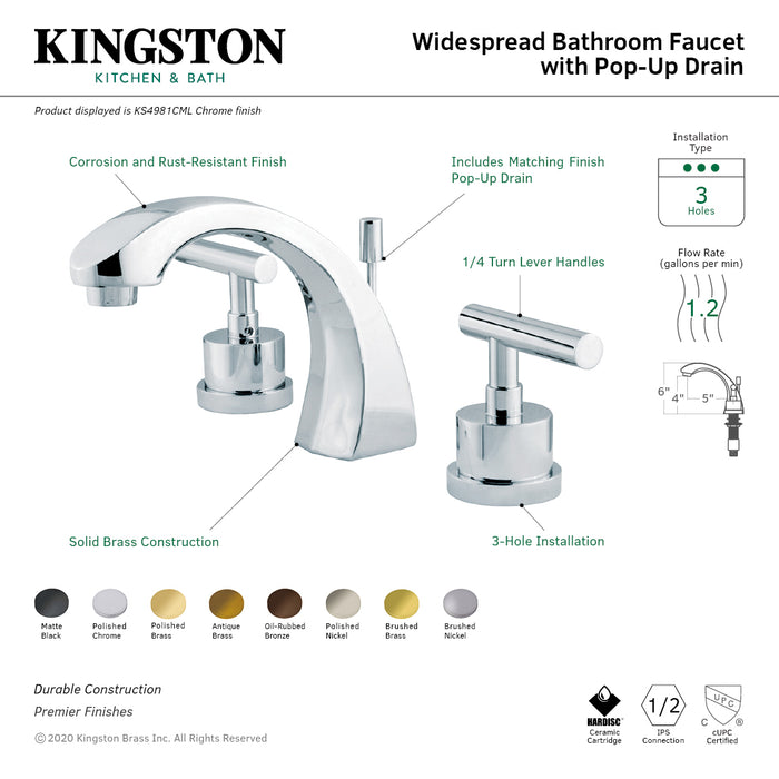 Kingston Sona KS4982CML - Manhattan Two-Handle 3-Hole Deck Mount Widespread Bathroom Faucet with Brass Pop-Up, Polished Brass
