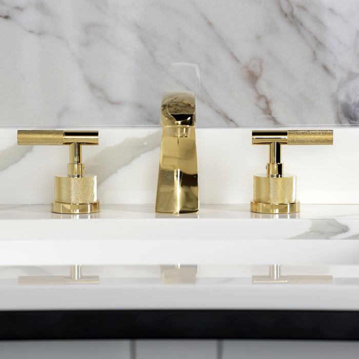 Kingston Sona KS4982KNL - Convergent Two-Handle 3-Hole Deck Mount Widespread Bathroom Faucet with Knurled Handle and Brass Pop-Up, Polished Brass
