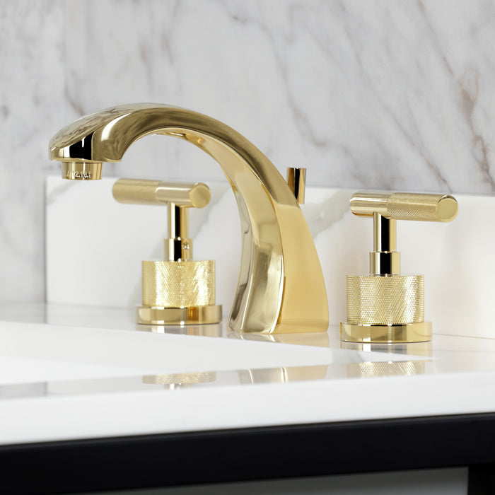 Kingston Sona KS4982KNL - Convergent Two-Handle 3-Hole Deck Mount Widespread Bathroom Faucet with Knurled Handle and Brass Pop-Up, Polished Brass