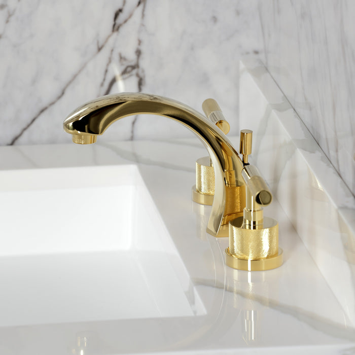 Kingston Sona KS4982KNL - Convergent Two-Handle 3-Hole Deck Mount Widespread Bathroom Faucet with Knurled Handle and Brass Pop-Up, Polished Brass