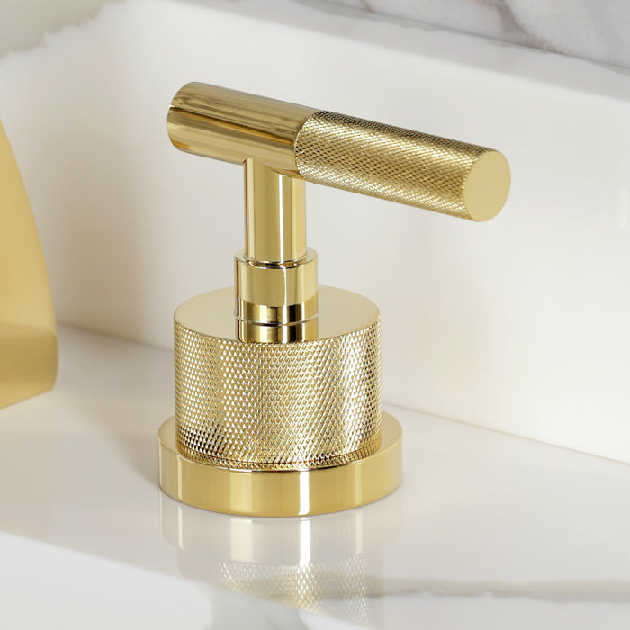 Kingston Sona KS4982KNL - Convergent Two-Handle 3-Hole Deck Mount Widespread Bathroom Faucet with Knurled Handle and Brass Pop-Up, Polished Brass