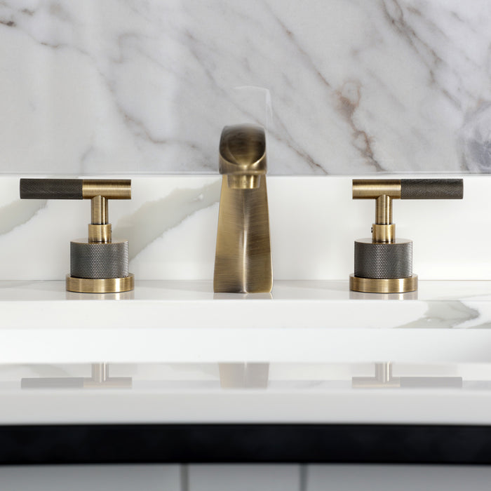 Kingston Sona KS4983KNL - Convergent Two-Handle 3-Hole Deck Mount Widespread Bathroom Faucet with Knurled Handle and Brass Pop-Up, Antique Brass