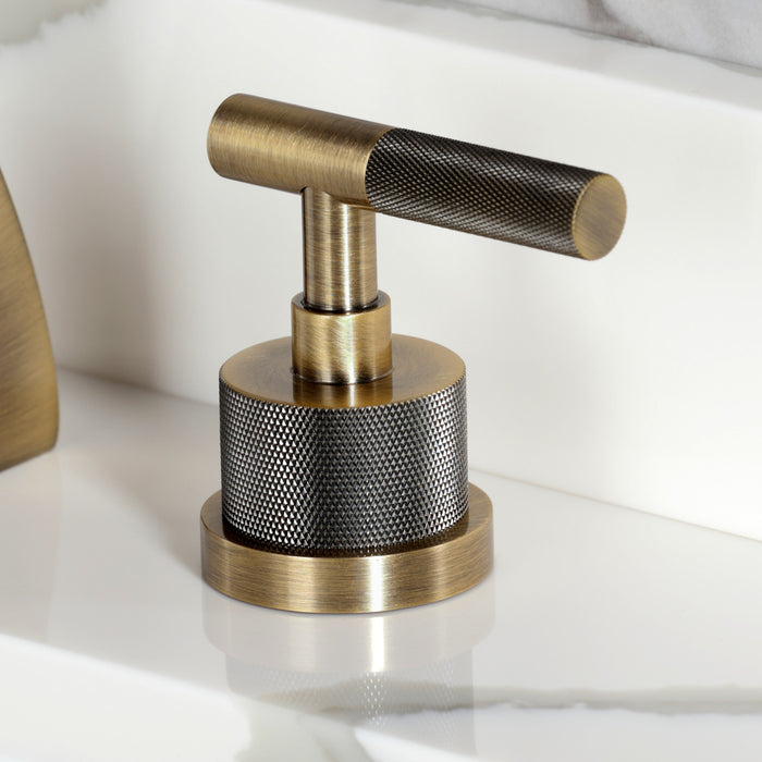Kingston Sona KS4983KNL - Convergent Two-Handle 3-Hole Deck Mount Widespread Bathroom Faucet with Knurled Handle and Brass Pop-Up, Antique Brass