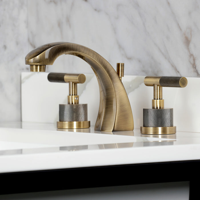 Kingston Sona KS4983KNL - Convergent Two-Handle 3-Hole Deck Mount Widespread Bathroom Faucet with Knurled Handle and Brass Pop-Up, Antique Brass