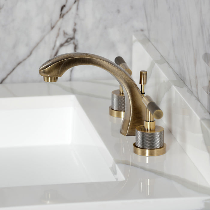 Kingston Sona KS4983KNL - Convergent Two-Handle 3-Hole Deck Mount Widespread Bathroom Faucet with Knurled Handle and Brass Pop-Up, Antique Brass