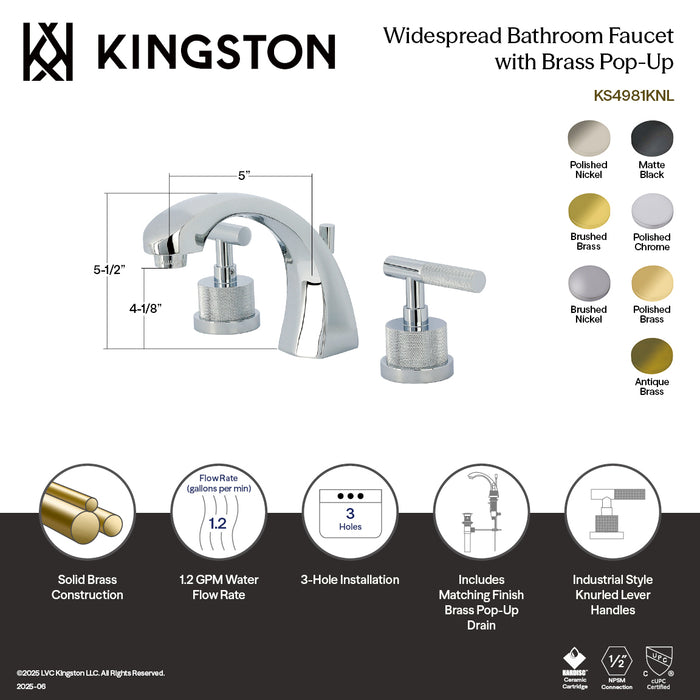 Kingston Sona KS4986KNL - Convergent Two-Handle 3-Hole Deck Mount Widespread Bathroom Faucet with Knurled Handle and Brass Pop-Up, Polished Nickel