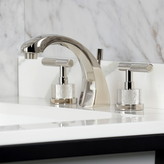 Kingston Sona KS4986KNL - Convergent Two-Handle 3-Hole Deck Mount Widespread Bathroom Faucet with Knurled Handle and Brass Pop-Up, Polished Nickel