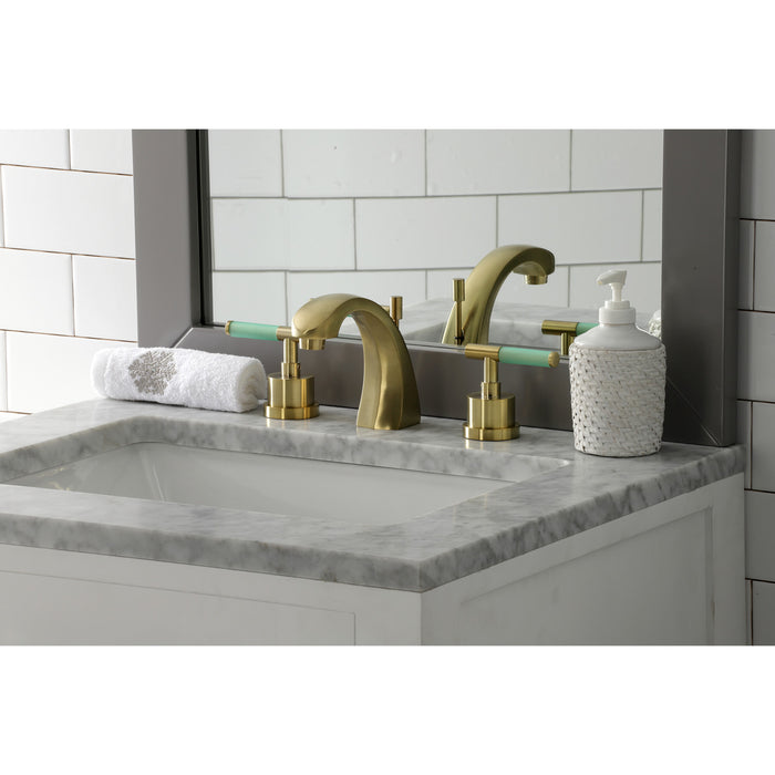 Kingston Sona KS4987CKL - Kaiser Two-Handle 3-Hole Deck Mount Widespread Bathroom Faucet with Brass Pop-Up, Brushed Brass