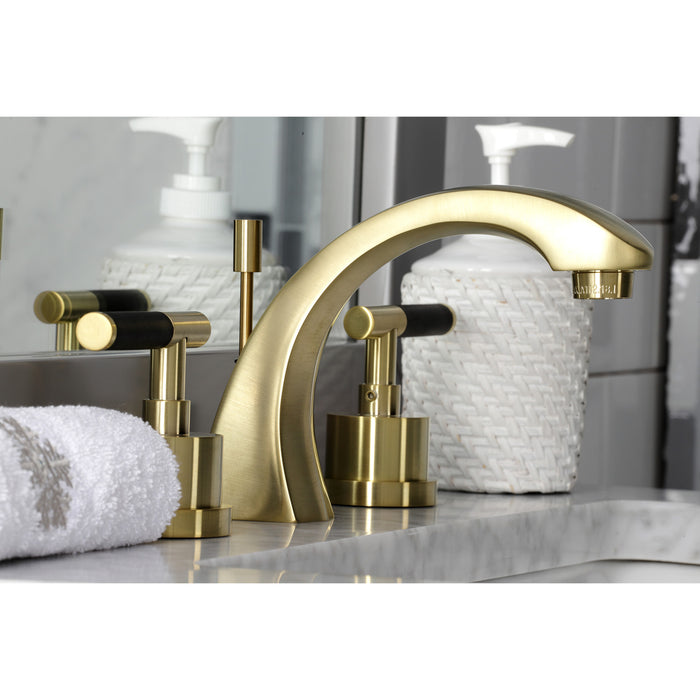Kingston Sona KS4987CKL - Kaiser Two-Handle 3-Hole Deck Mount Widespread Bathroom Faucet with Brass Pop-Up, Brushed Brass