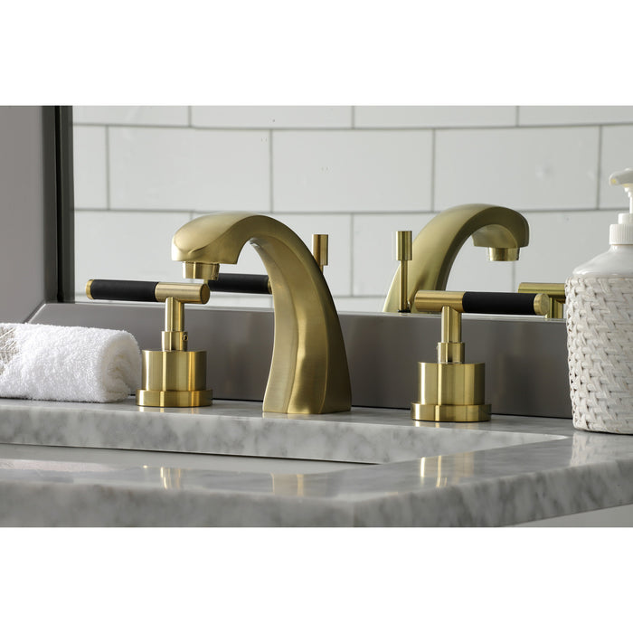Kingston Sona KS4987CKL - Kaiser Two-Handle 3-Hole Deck Mount Widespread Bathroom Faucet with Brass Pop-Up, Brushed Brass