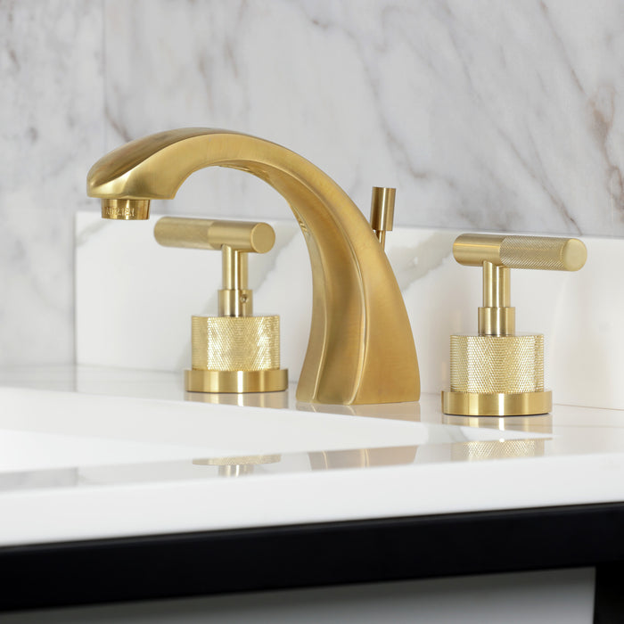 Kingston Sona KS4987KNL - Convergent Two-Handle 3-Hole Deck Mount Widespread Bathroom Faucet with Knurled Handle and Brass Pop-Up, Brushed Brass