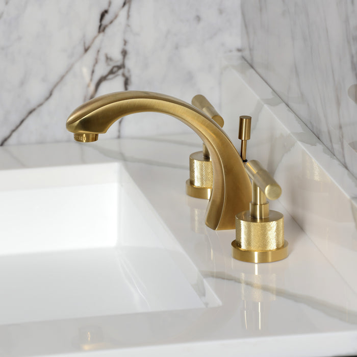 Kingston Sona KS4987KNL - Convergent Two-Handle 3-Hole Deck Mount Widespread Bathroom Faucet with Knurled Handle and Brass Pop-Up, Brushed Brass