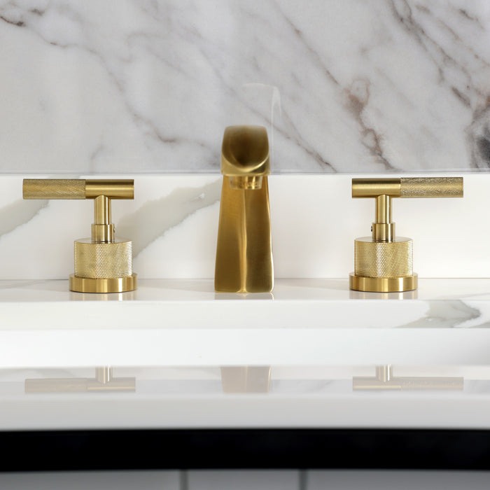 Kingston Sona KS4987KNL - Convergent Two-Handle 3-Hole Deck Mount Widespread Bathroom Faucet with Knurled Handle and Brass Pop-Up, Brushed Brass