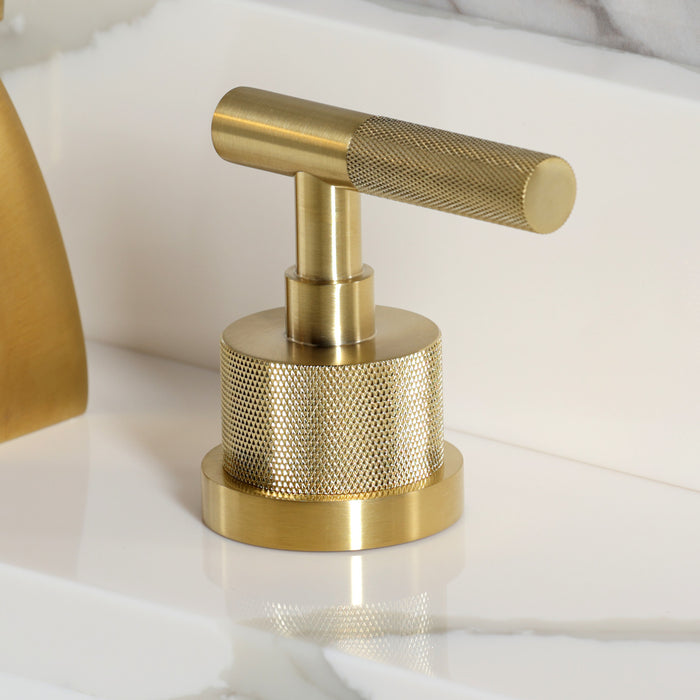 Kingston Sona KS4987KNL - Convergent Two-Handle 3-Hole Deck Mount Widespread Bathroom Faucet with Knurled Handle and Brass Pop-Up, Brushed Brass