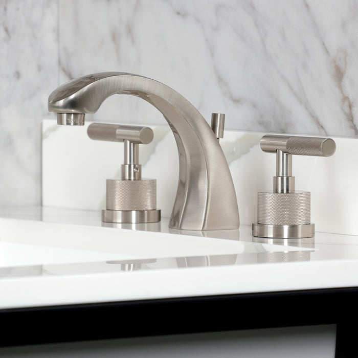 Kingston Sona KS4988KNL - Convergent Two-Handle 3-Hole Deck Mount Widespread Bathroom Faucet with Knurled Handle and Brass Pop-Up, Brushed Nickel