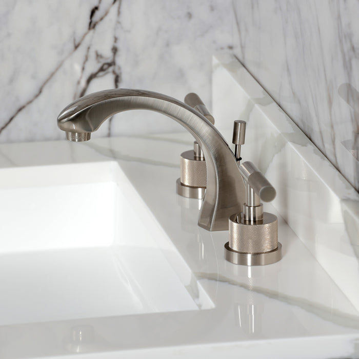 Kingston Sona KS4988KNL - Convergent Two-Handle 3-Hole Deck Mount Widespread Bathroom Faucet with Knurled Handle and Brass Pop-Up, Brushed Nickel