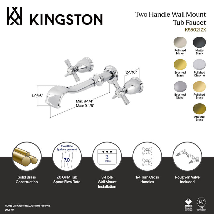 Kingston Tulare KS5020ZX - Millennium Two-Handle 3-Hole Wall Mount Tub Faucet, Matte Black