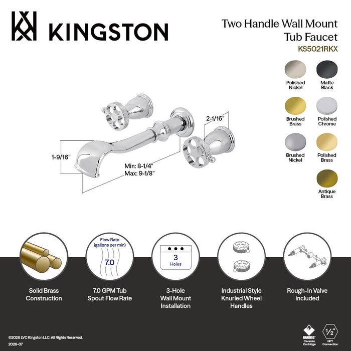 Kingston Tulare KS5021RKX - Webb Two-Handle 3-Hole Wall Mount Tub Faucet with Knurled Handle, Polished Chrome