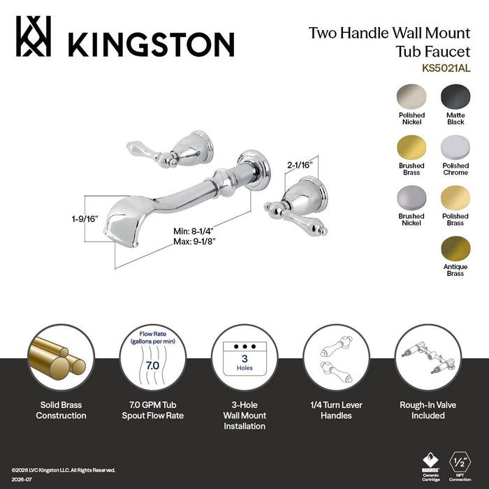 Kingston Heirloom KS5022AL Two-Handle 3-Hole Wall Mount Tub Faucet, Polished Brass