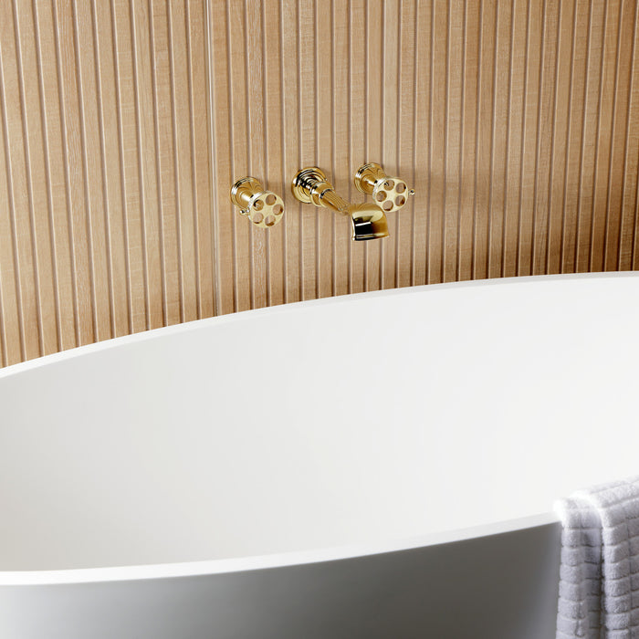 Kingston Tulare KS5022RKX - Webb Two-Handle 3-Hole Wall Mount Roman Tub Faucet with Knurled Handle, Polished Brass