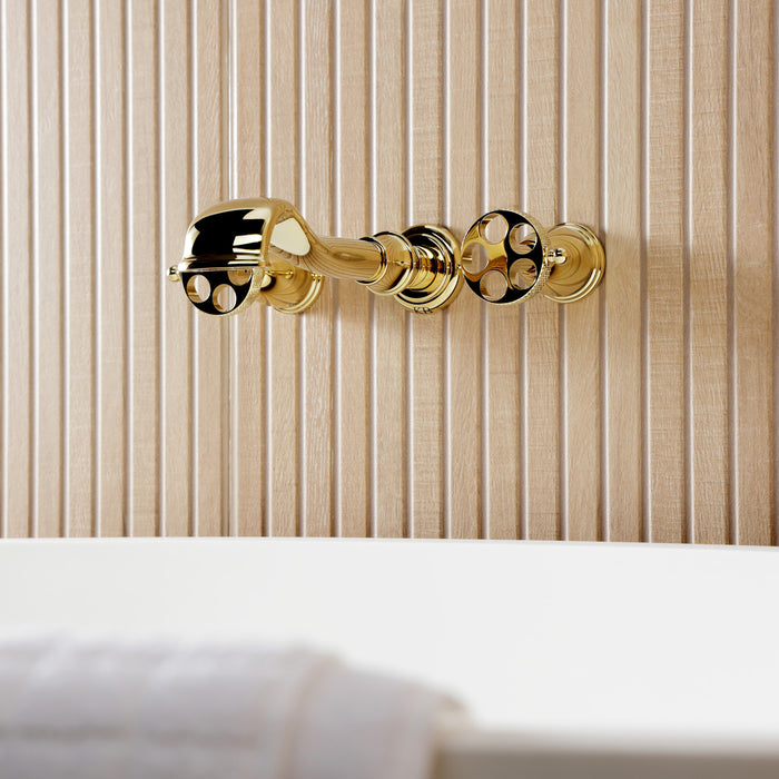 Kingston Tulare KS5022RKX - Webb Two-Handle 3-Hole Wall Mount Tub Faucet with Knurled Handle, Polished Brass