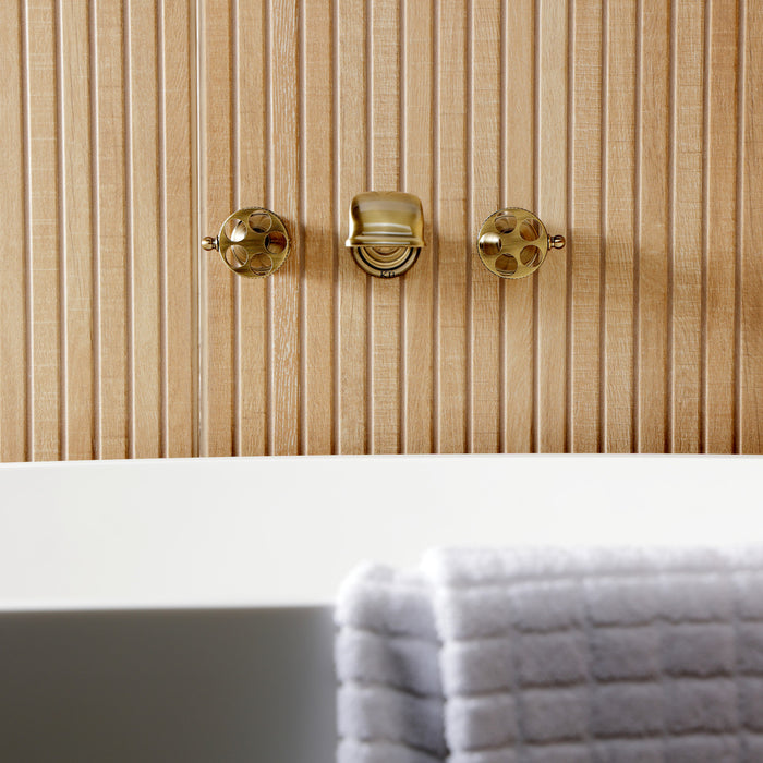 Kingston Tulare KS5023RKX - Webb Two-Handle 3-Hole Wall Mount Tub Faucet with Knurled Handle, Antique Brass