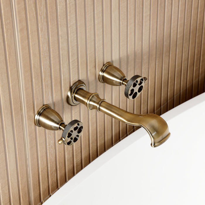 Kingston Tulare KS5023RKX - Webb Two-Handle 3-Hole Wall Mount Tub Faucet with Knurled Handle, Antique Brass
