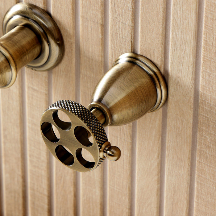 Kingston Tulare KS5023RKX - Webb Two-Handle 3-Hole Wall Mount Tub Faucet with Knurled Handle, Antique Brass