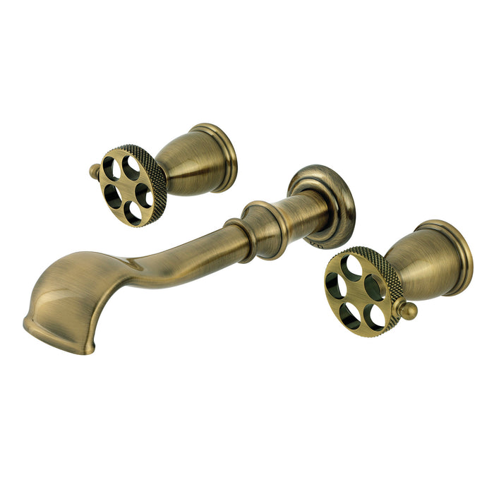 Kingston Tulare KS5023RKX - Webb Two-Handle 3-Hole Wall Mount Tub Faucet with Knurled Handle, Antique Brass