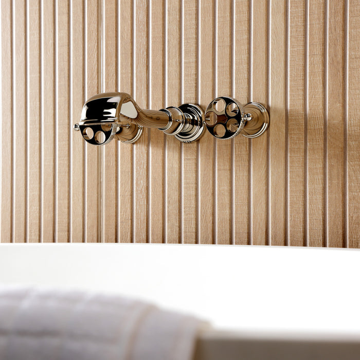 Kingston Tulare KS5026RKX - Webb Two-Handle 3-Hole Wall Mount Roman Tub Faucet with Knurled Handle, Polished Nickel