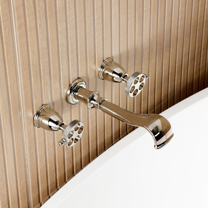 Kingston Tulare KS5026RKX - Webb Two-Handle 3-Hole Wall Mount Roman Tub Faucet with Knurled Handle, Polished Nickel