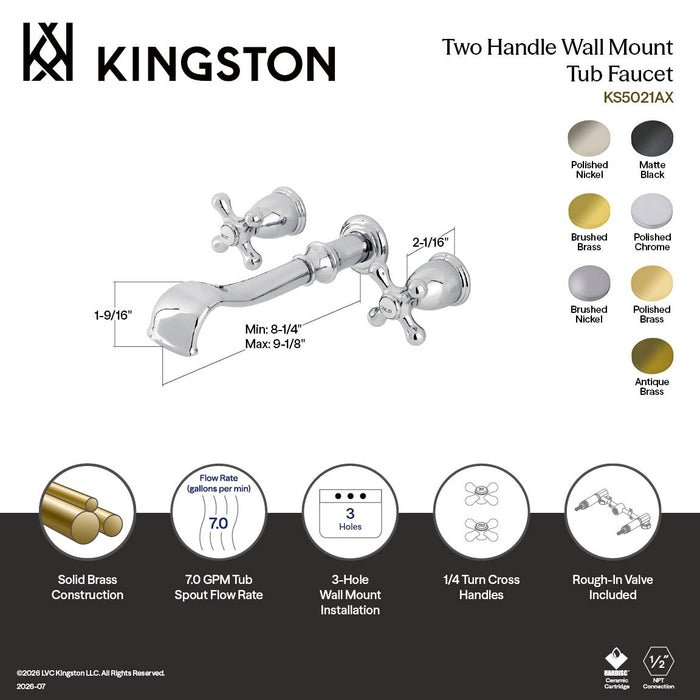 Kingston Heirloom KS5027AX Two-Handle 3-Hole Wall Mount Tub Faucet, Brushed Brass