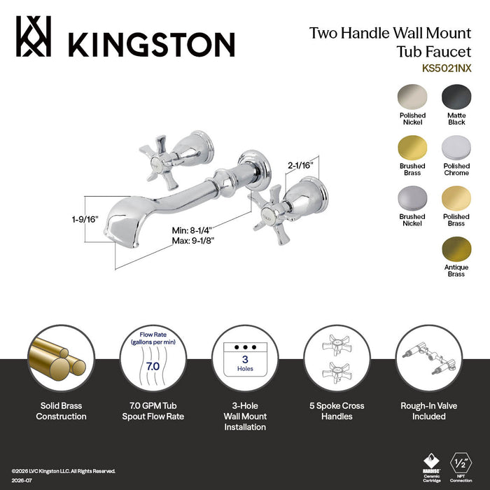 Kingston Heirloom KS5027NX - Hamilton Two-Handle 3-Hole Wall Mount Tub Faucet, Brushed Brass