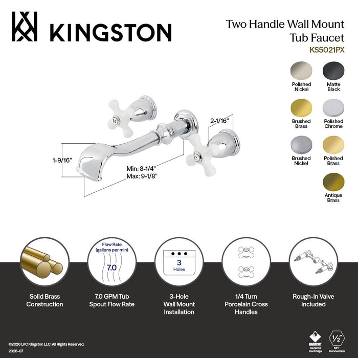 Kingston Heirloom KS5027PX Two-Handle 3-Hole Wall Mount Tub Faucet, Brushed Brass