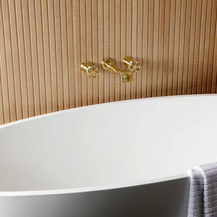 Kingston Tulare KS5027RKX - Webb Two-Handle 3-Hole Wall Mount Roman Tub Faucet with Knurled Handle, Brushed Brass