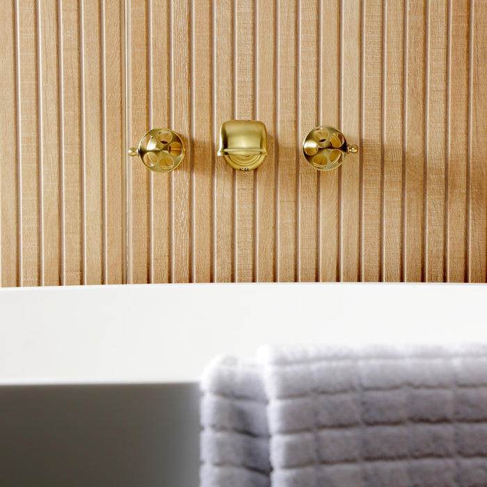 Kingston Tulare KS5027RKX - Webb Two-Handle 3-Hole Wall Mount Tub Faucet with Knurled Handle, Brushed Brass