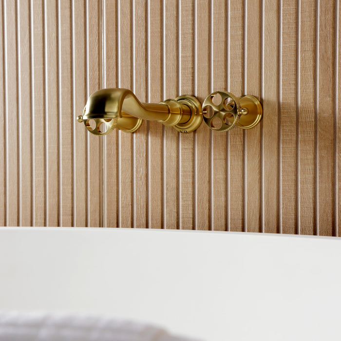 Kingston Tulare KS5027RKX - Webb Two-Handle 3-Hole Wall Mount Roman Tub Faucet with Knurled Handle, Brushed Brass