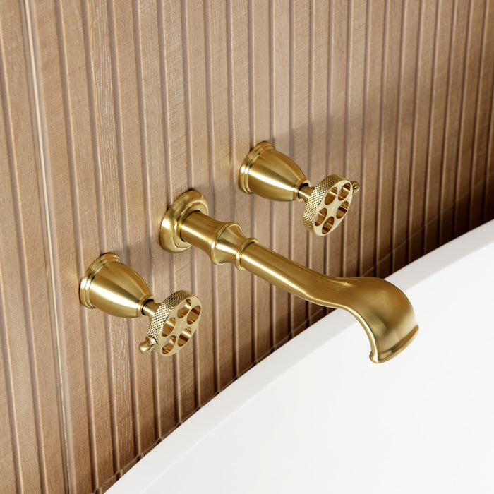 Kingston Tulare KS5027RKX - Webb Two-Handle 3-Hole Wall Mount Roman Tub Faucet with Knurled Handle, Brushed Brass