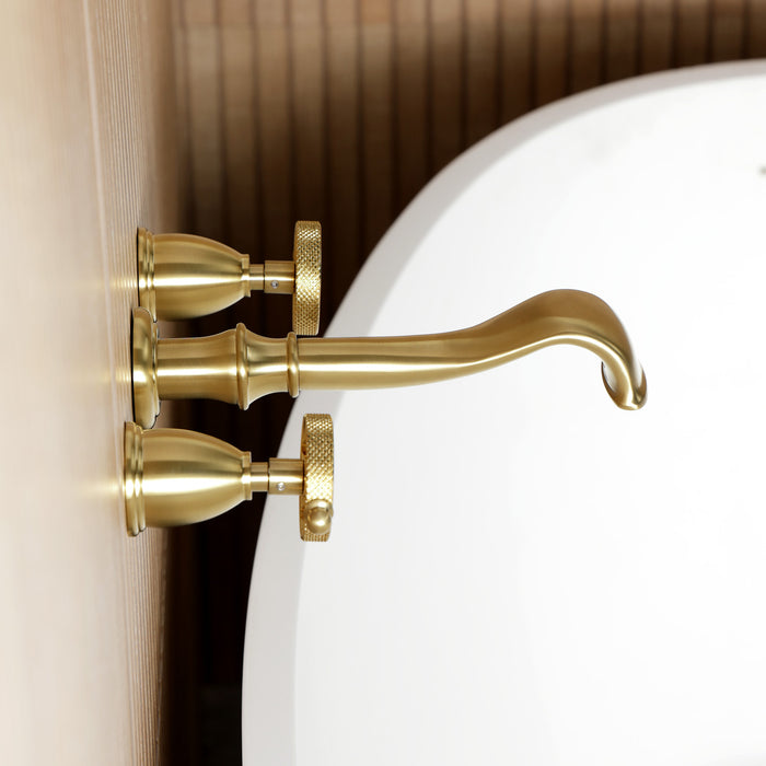 Kingston Tulare KS5027RKX - Webb Two-Handle 3-Hole Wall Mount Roman Tub Faucet with Knurled Handle, Brushed Brass
