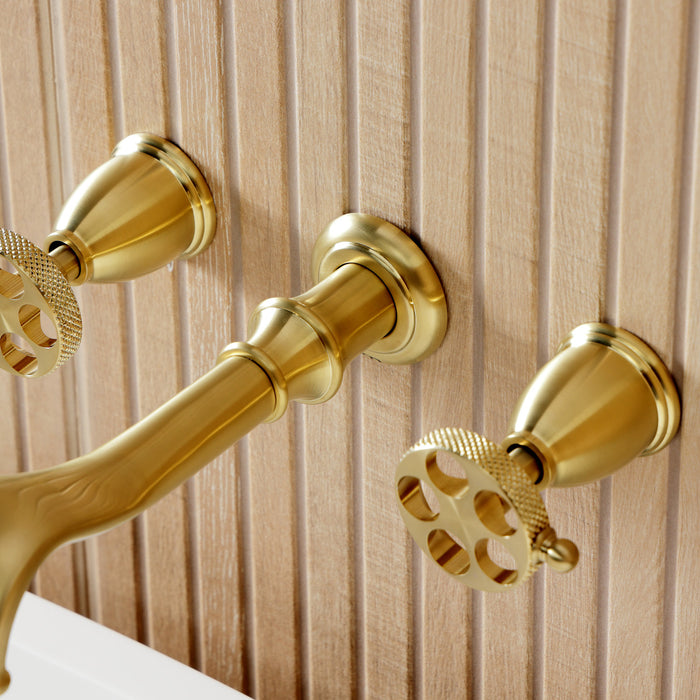 Kingston Tulare KS5027RKX - Webb Two-Handle 3-Hole Wall Mount Tub Faucet with Knurled Handle, Brushed Brass
