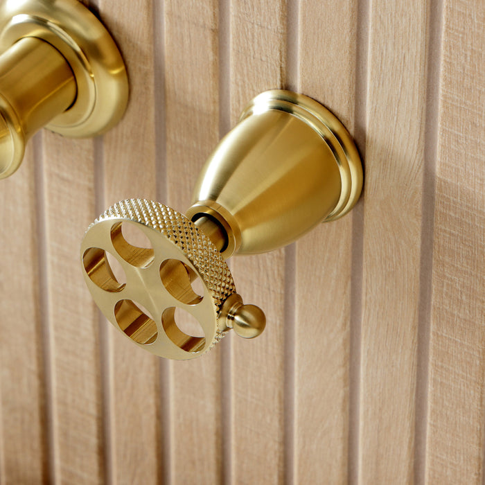 Kingston Tulare KS5027RKX - Webb Two-Handle 3-Hole Wall Mount Tub Faucet with Knurled Handle, Brushed Brass