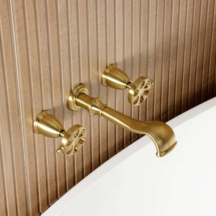Kingston Tulare KS5027RX - Belknap Two-Handle 3-Hole Wall Mount Roman Tub Faucet, Brushed Brass