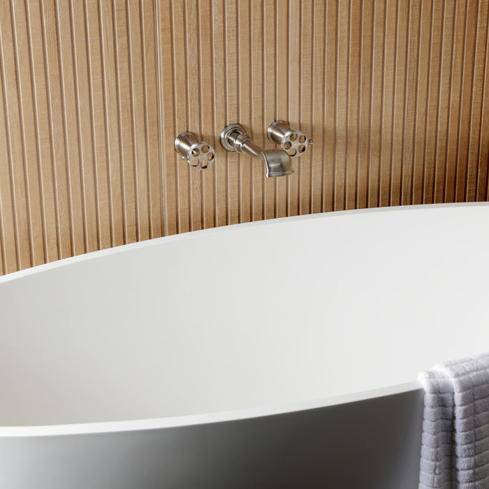 Kingston Tulare KS5028RKX - Webb Two-Handle 3-Hole Wall Mount Roman Tub Faucet with Knurled Handle, Brushed Nickel