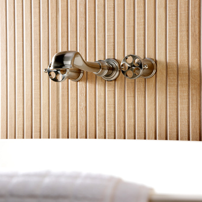 Kingston Tulare KS5028RKX - Webb Two-Handle 3-Hole Wall Mount Roman Tub Faucet with Knurled Handle, Brushed Nickel