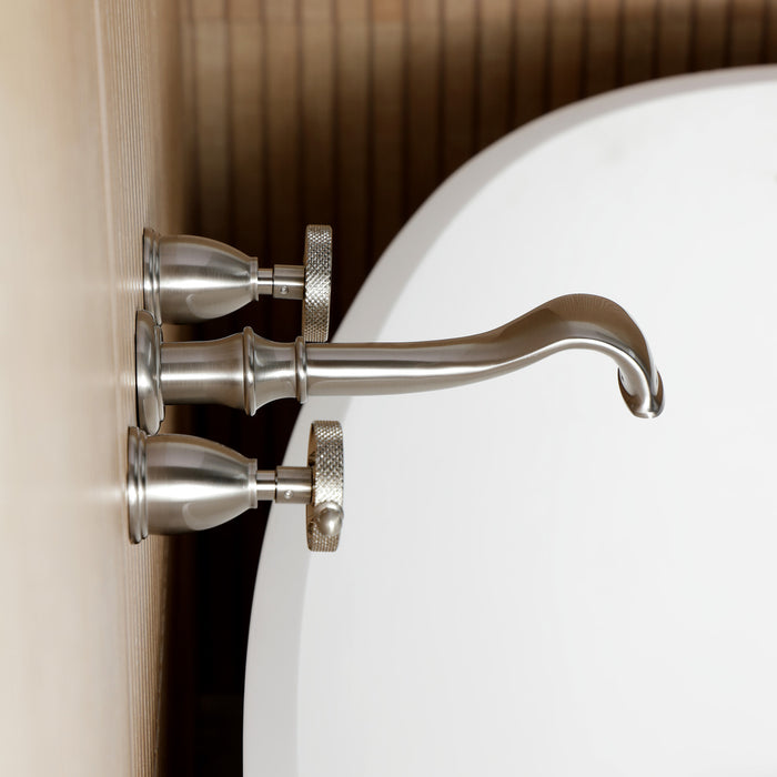Kingston Tulare KS5028RKX - Webb Two-Handle 3-Hole Wall Mount Tub Faucet with Knurled Handle, Brushed Nickel