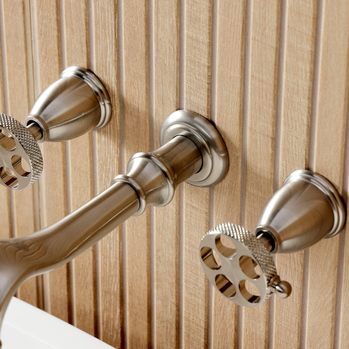 Kingston Tulare KS5028RKX - Webb Two-Handle 3-Hole Wall Mount Tub Faucet with Knurled Handle, Brushed Nickel