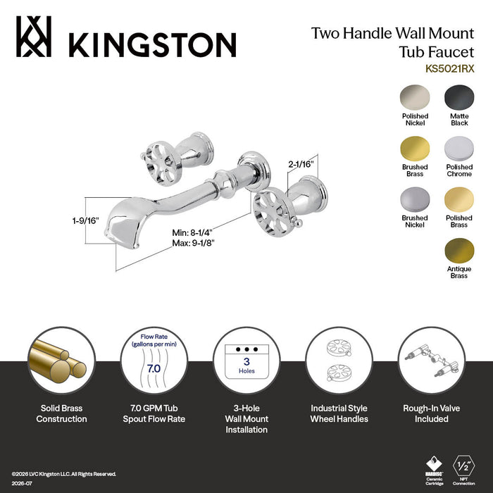 Kingston Tulare KS5028RX - Belknap Two-Handle 3-Hole Wall Mount Tub Faucet, Brushed Nickel