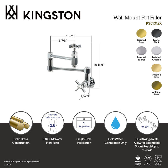Kingston Millennium KS5101ZX Two-Handle 1-Hole Wall Mount Pot Filler Faucet, Polished Chrome